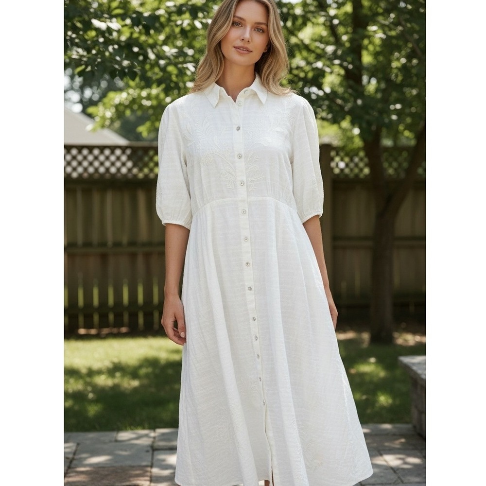 Johnny Was SZ SM Embroidered Dobby Midi Dress Natural White Boho Puff‎ Sleeve